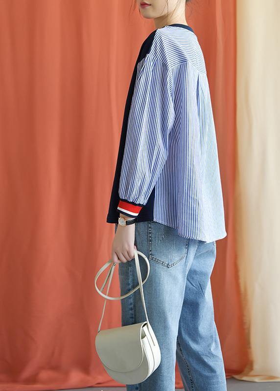 Classy O Neck Cotton Clothes for Tops Blue Patchwork Striped Blouse Fall