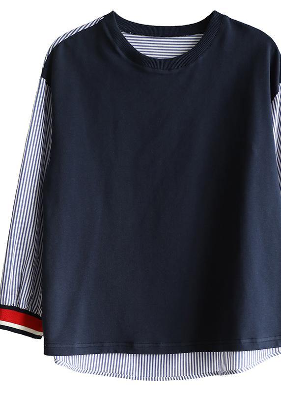 Classy O Neck Cotton Clothes for Tops Blue Patchwork Striped Blouse Fall