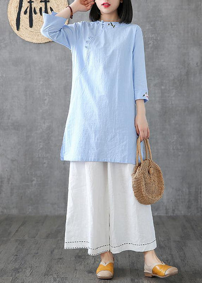 Classy O Neck Embroidery Linen Robes Work Light Blue Dress