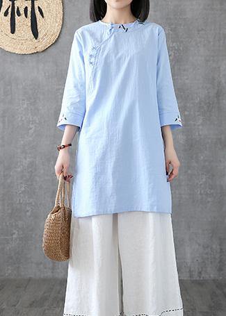 Classy O Neck Embroidery Linen Robes Work Light Blue Dress