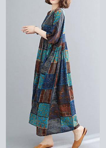 Classy O Neck Extra Large Hem Cotton Linen Dresses Runway Blue Print Dress