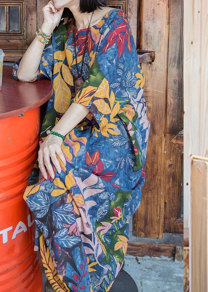 Classy O Neck Half Sleeve Linen Cotton Dresses Blue Print Dress Summer