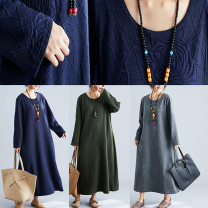 Classy O Neck Jacquard Cotton Wardrobes Tunic Navy Traveling Dresses Fall