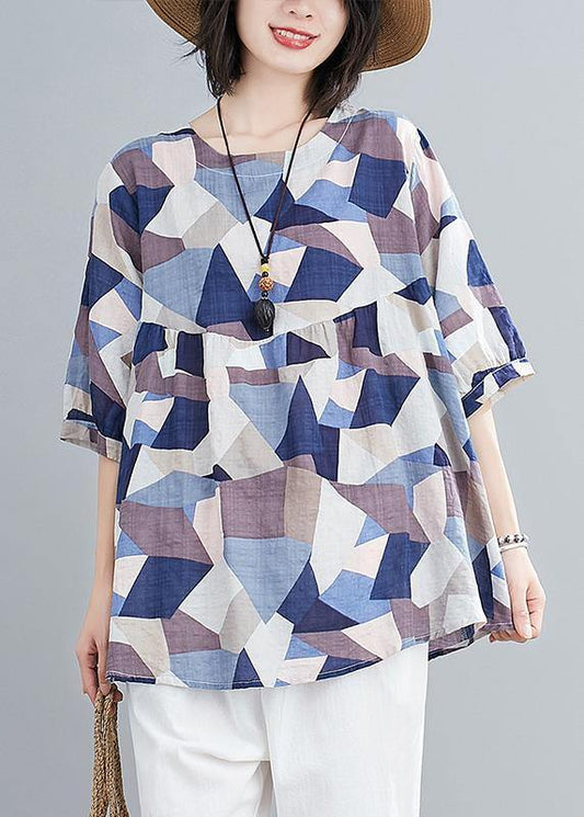 Classy O Neck Lantern Sleeve Linen Summer Tunics for Blue Print Shirts