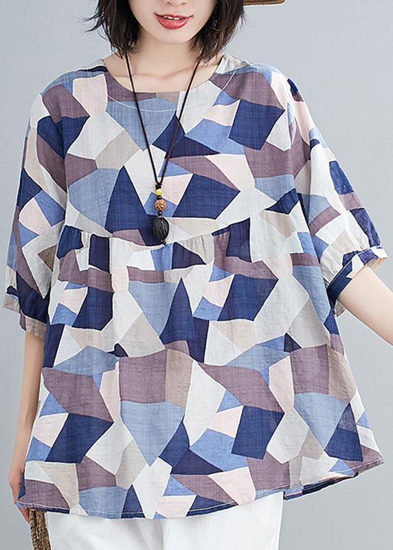 Classy O Neck Lantern Sleeve Linen Summer Tunics for Blue Print Shirts
