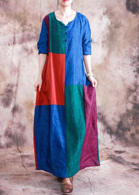 Classy O Neck Linen Dress Wardrobes Patchwork Color Dress Fall