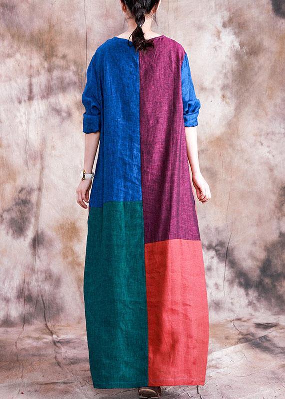 Classy O Neck Linen Dress Wardrobes Patchwork Color Dress Fall