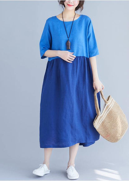 Classy O Neck Patchwork Cotton Wardrobes Work Blue Loose Dress Summer