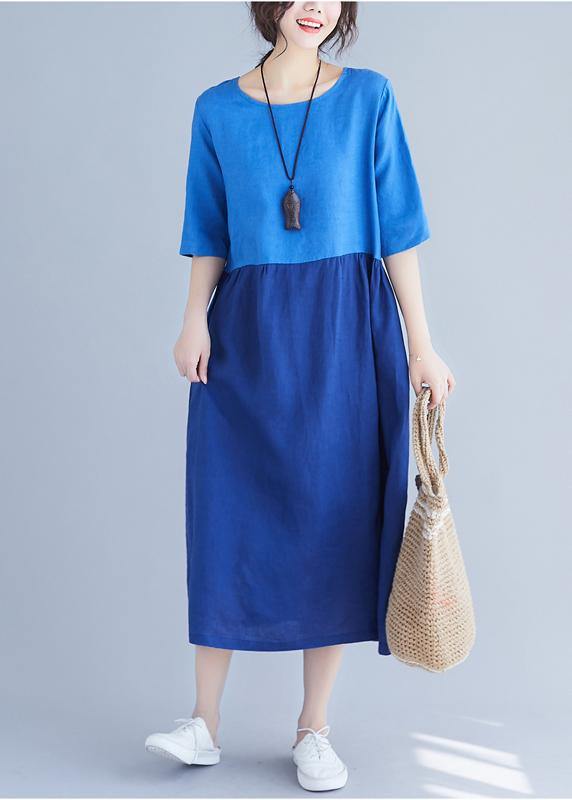 Classy O Neck Patchwork Cotton Wardrobes Work Blue Loose Dress Summer