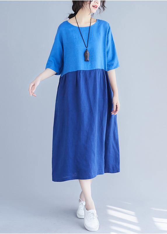 Classy O Neck Patchwork Cotton Wardrobes Work Blue Loose Dress Summer