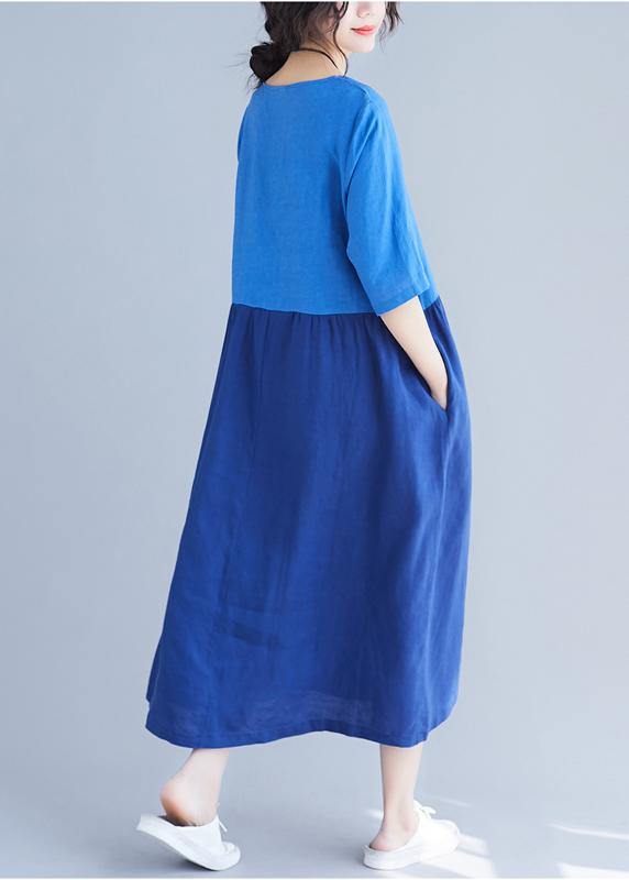 Classy O Neck Patchwork Cotton Wardrobes Work Blue Loose Dress Summer