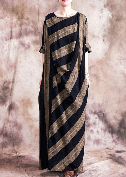 Classy O Neck Patchwork Cotton Clothes for Catwalk Black Striped Dresses Fall