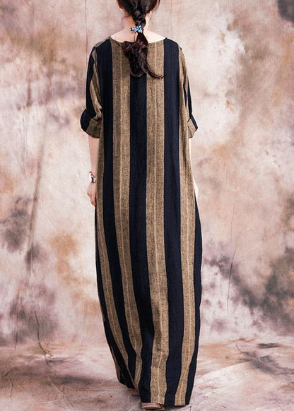Classy O Neck Patchwork Cotton Clothes for Catwalk Black Striped Dresses Fall