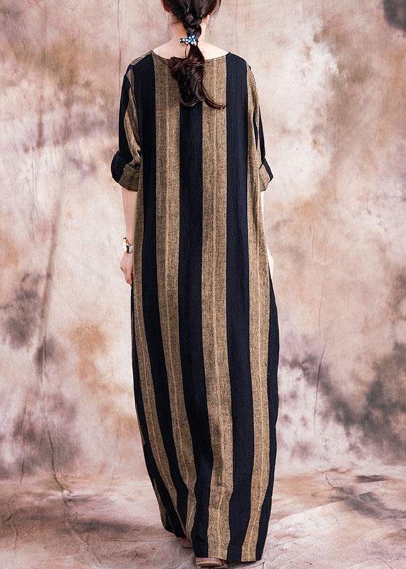 Classy O Neck Patchwork Cotton Clothes for Catwalk Black Striped Dresses Fall