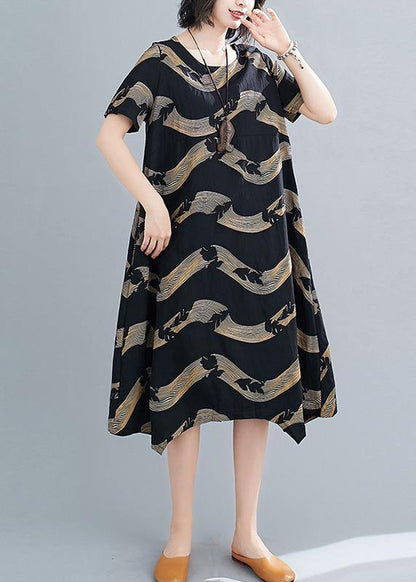 Classy O Neck Patchwork Linen Summer Robes Cotton Black Striped Dresses