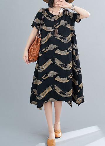 Classy O Neck Patchwork Linen Summer Robes Cotton Black Striped Dresses