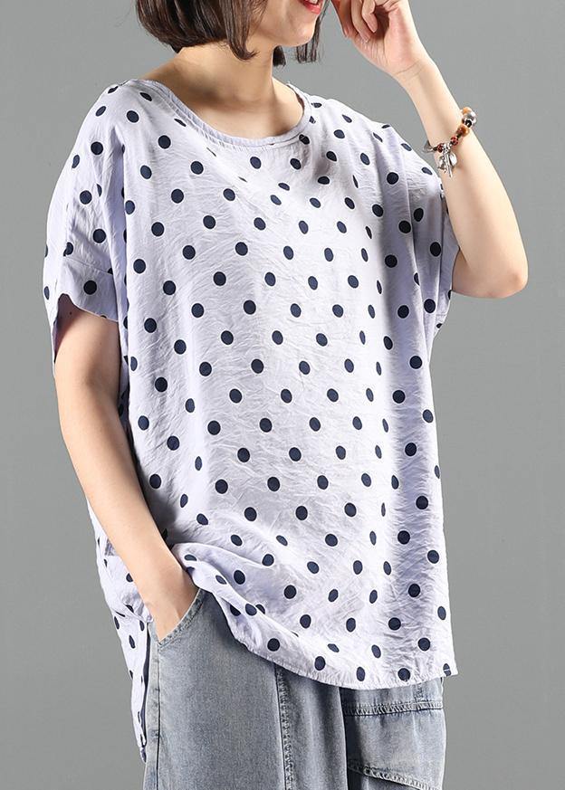 Classy O Neck Shirts Light Purple Dotted Short Tops