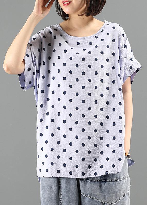 Classy O Neck Shirts Light Purple Dotted Short Tops