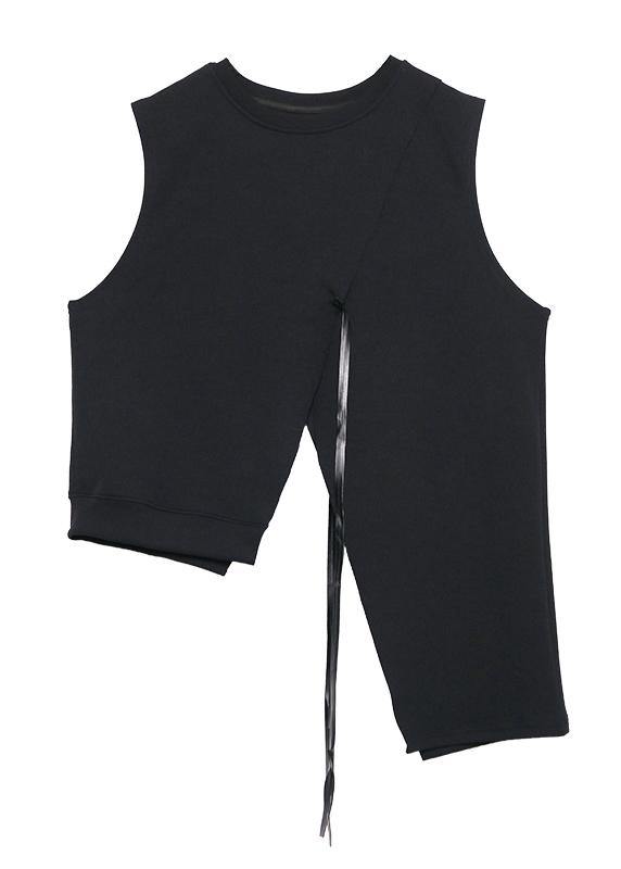Classy O Neck Sleeveless Asymmetric Cotton Tunic Pattern Neckline Black Blouse
