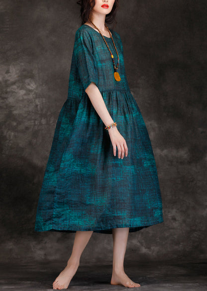 Classy O Neck Cinched Linen Robes Photography Blackish Green Long Dress Summer