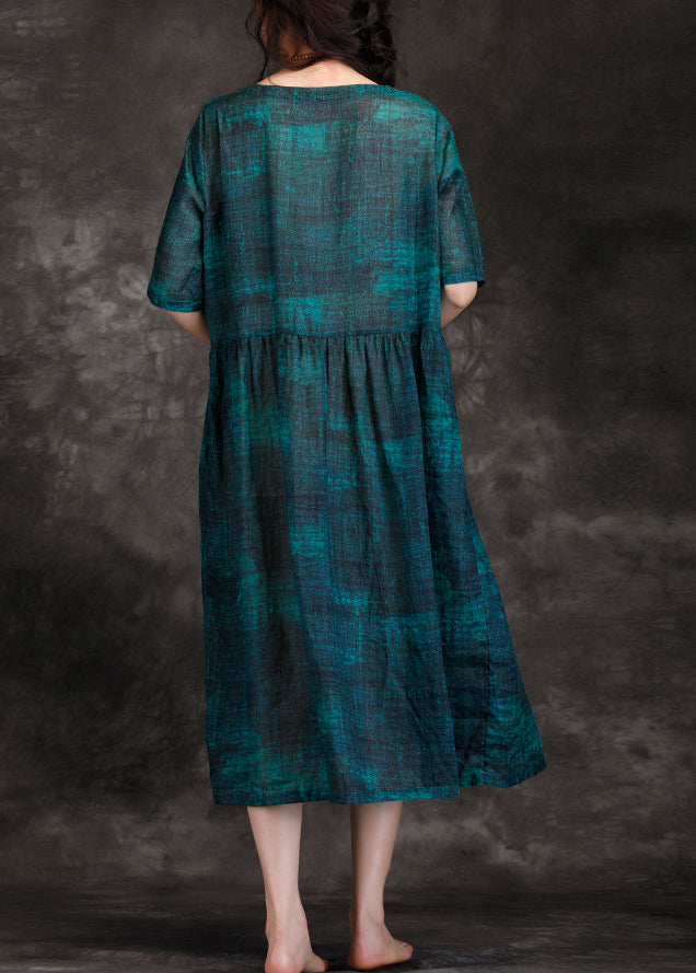 Classy O Neck Cinched Linen Robes Photography Blackish Green Long Dress Summer