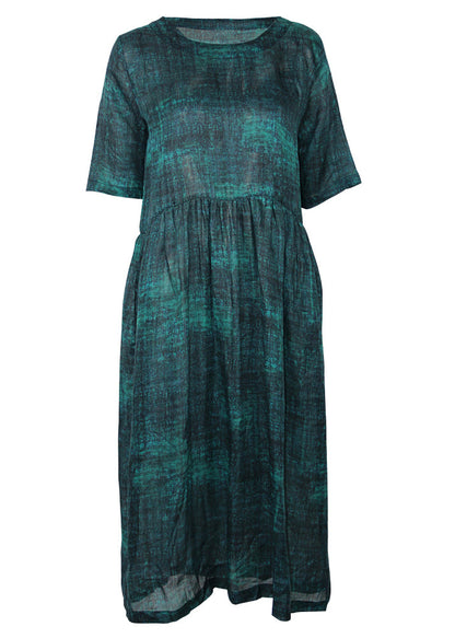 Classy O Neck Cinched Linen Robes Photography Blackish Green Long Dress Summer