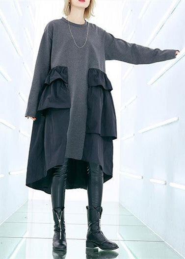Classy Patchwork Cotton Wardrobes Sleeve Gray Baggy Dress