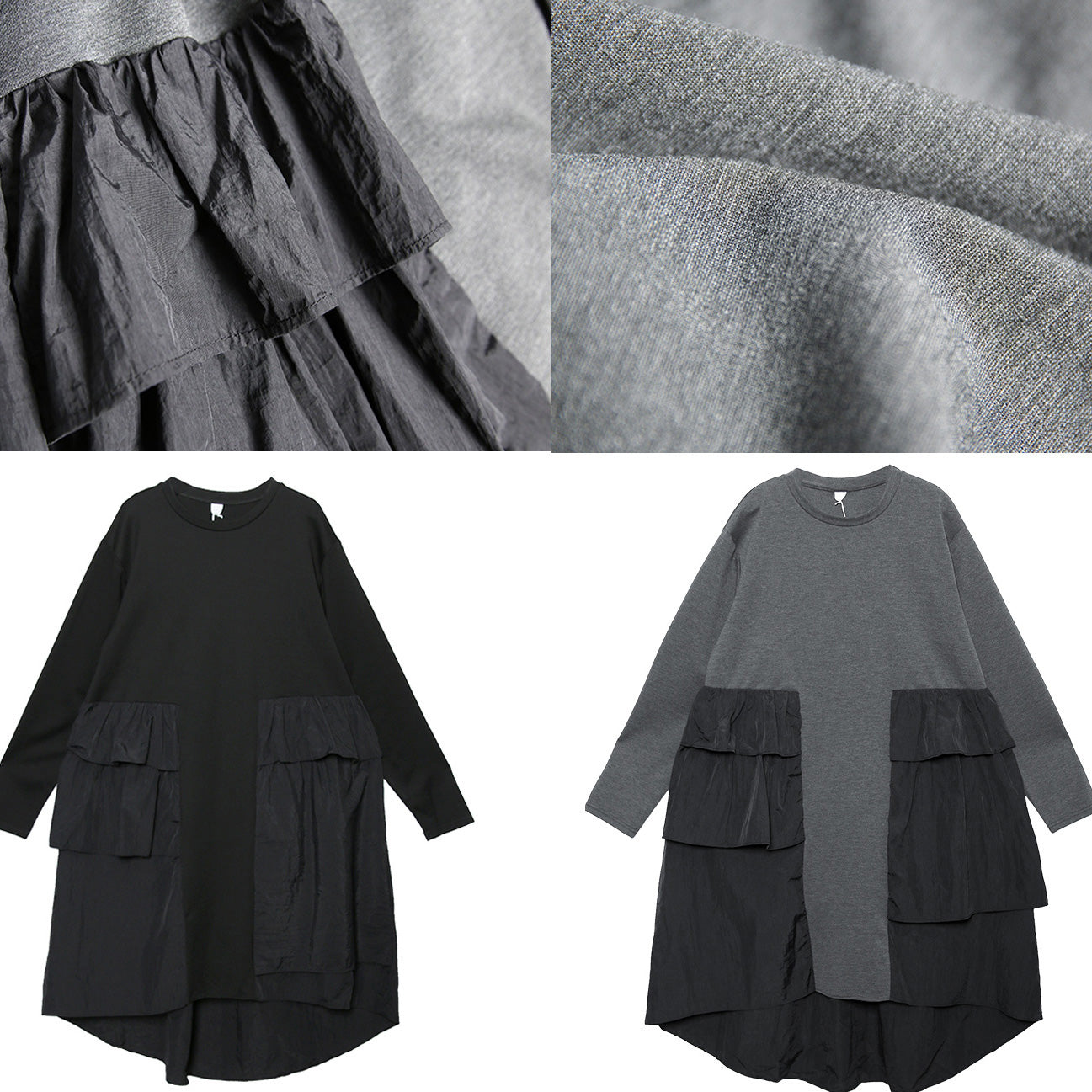Classy Patchwork Cotton Wardrobes Sleeve Gray Baggy Dress