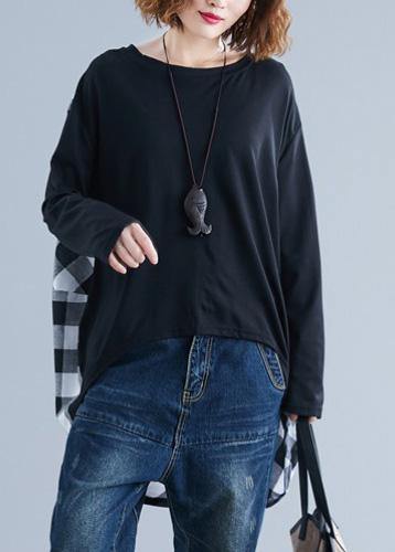 Classy Patchwork Plaid Low High Design Cotton for Inspiration Black Top Fall