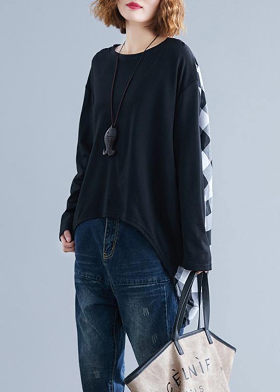 Classy patchwork Plaid low high design cotton for women Inspiration black top fall