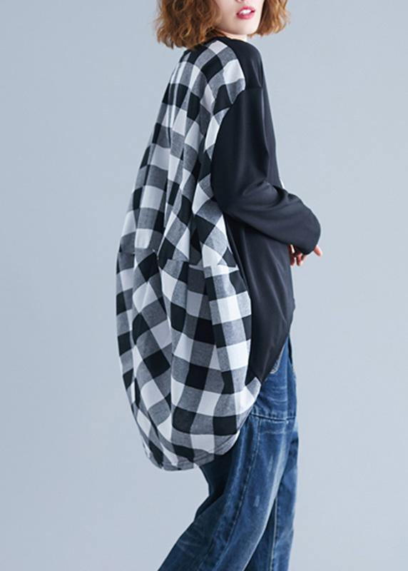 Classy Patchwork Plaid Low High Design Cotton for Inspiration Black Top Fall