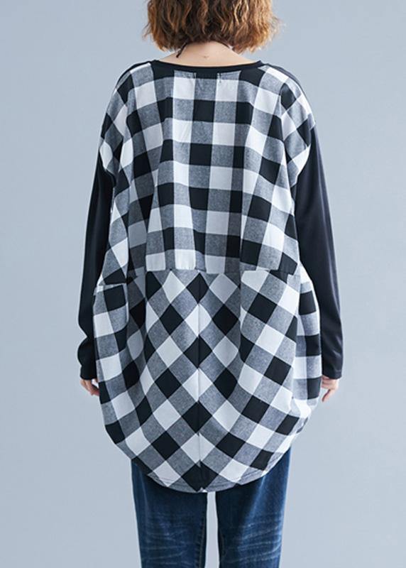 Classy patchwork Plaid low high design cotton for women Inspiration black top fall
