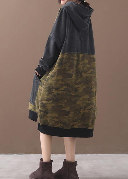 Classy Patchwork Cotton Hooded Quilting Dresses Shape Green Camouflage Dresses
