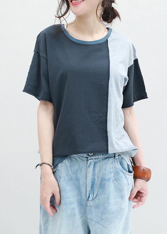Classy Patchwork Cotton Shirts Short Sleeve O Neck Shirts