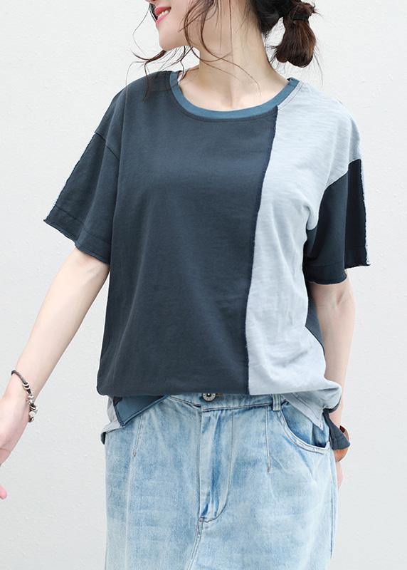 Classy Patchwork Cotton Shirts Short Sleeve O Neck Shirts
