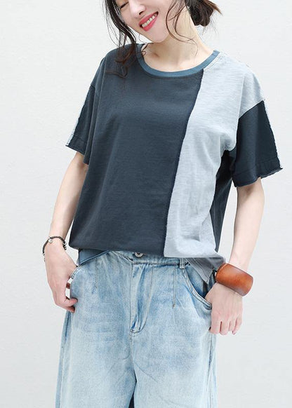 Classy Patchwork Cotton Shirts Short Sleeve O Neck Shirts
