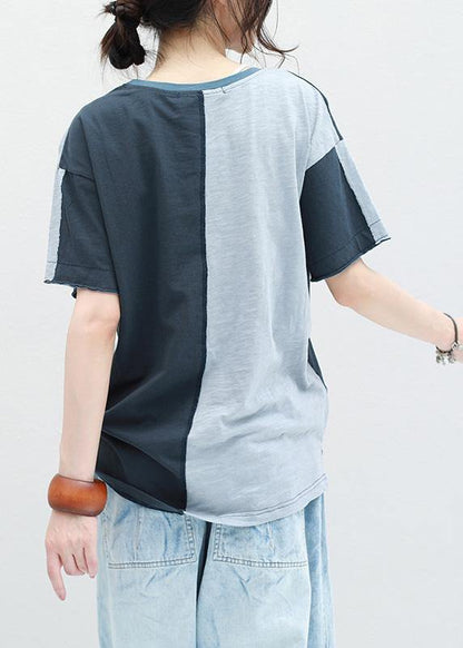 Classy Patchwork Cotton Shirts Short Sleeve O Neck Shirts