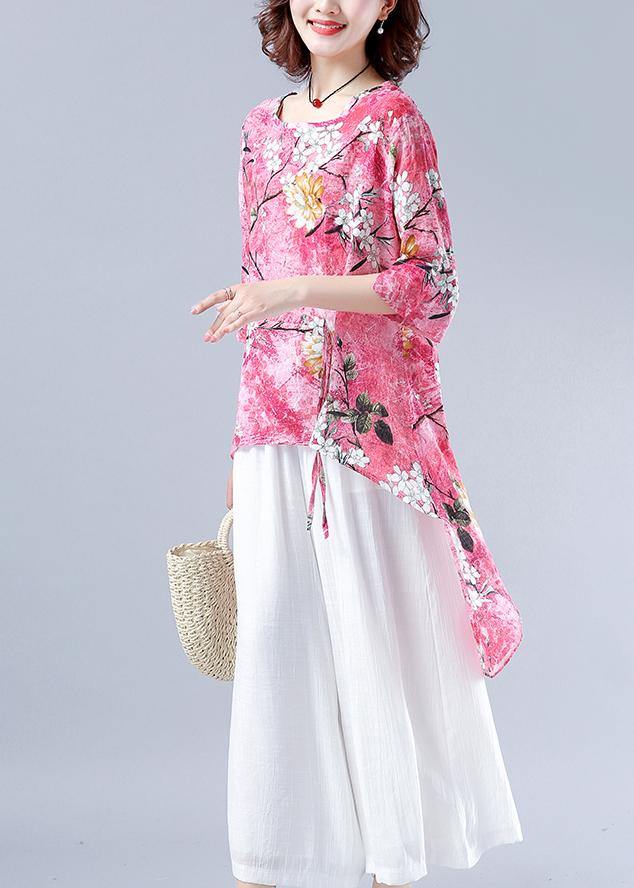 Classy Pink Plant Printing Clothes for O Neck Asymmetric Tops