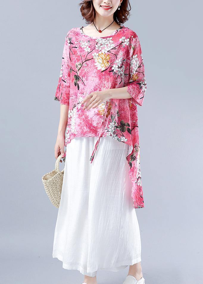 Classy Pink Plant Printing Clothes for O Neck Asymmetric Tops