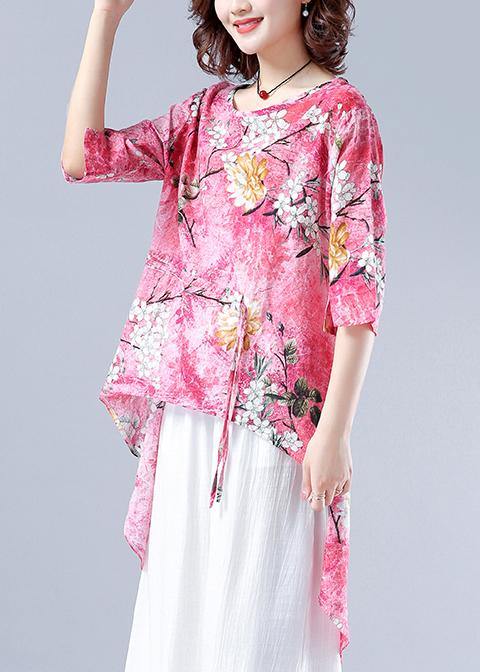Classy Pink Plant Printing Clothes for O Neck Asymmetric Tops