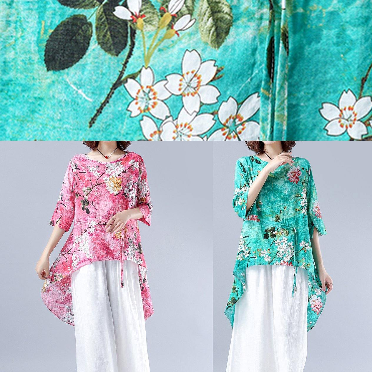 Classy Pink Plant Printing Clothes for O Neck Asymmetric Tops