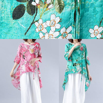 Classy Pink Plant Printing Clothes for O Neck Asymmetric Tops