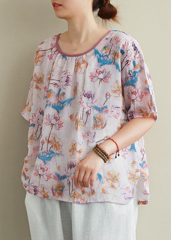 Classy Print Pink Linen Cotton Clothes Neckline O Neck Summer Top