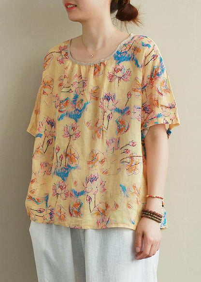 Classy Print Pink Linen Cotton Clothes Neckline O Neck Summer Top