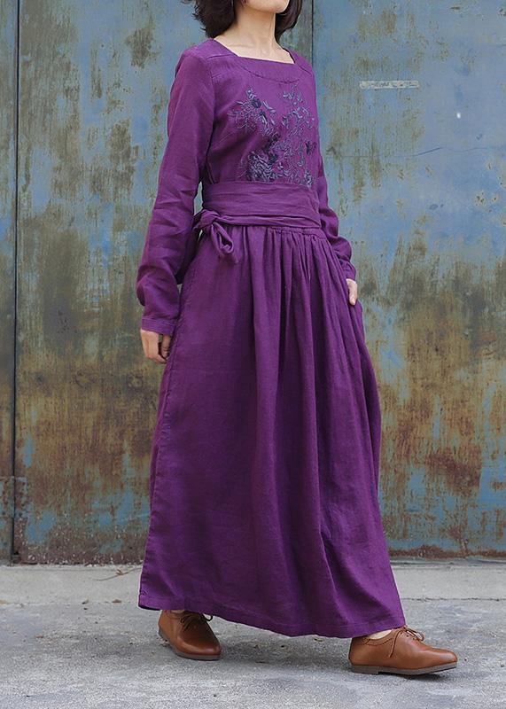 Classy Purple Linen Clothes for Tie Waist Loose Embroidery Dress