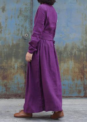 Classy Purple Linen Clothes for Tie Waist Loose Embroidery Dress