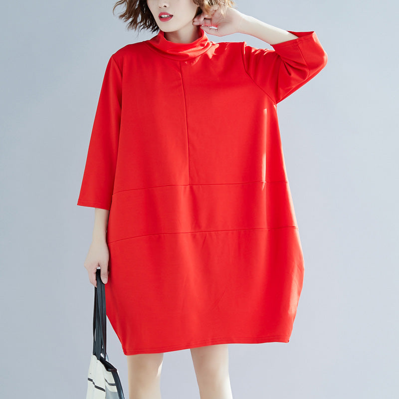 Classy Red Cotton Clothes Indian Linen High Neck a Line Spring Dress