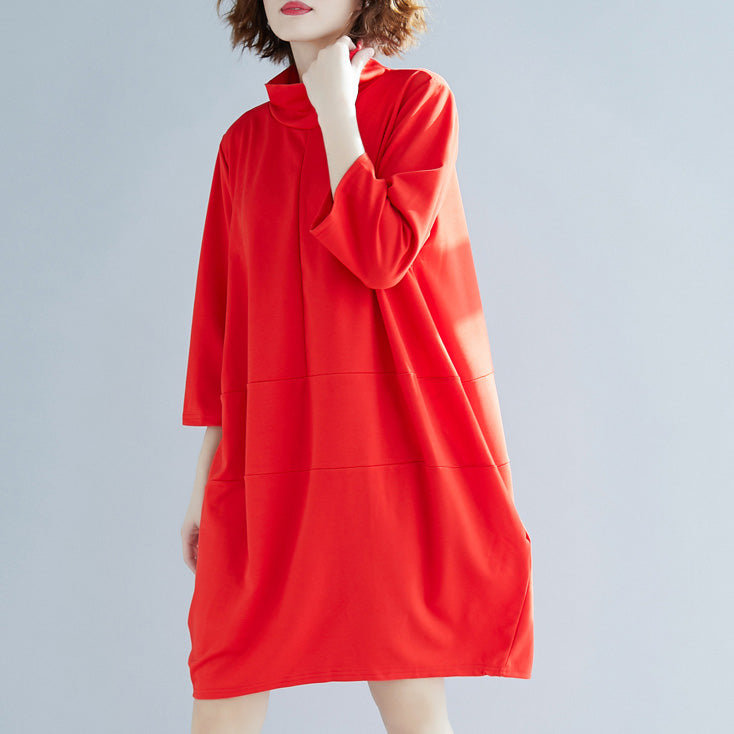 Classy Red Cotton Clothes Indian Linen High Neck a Line Spring Dress