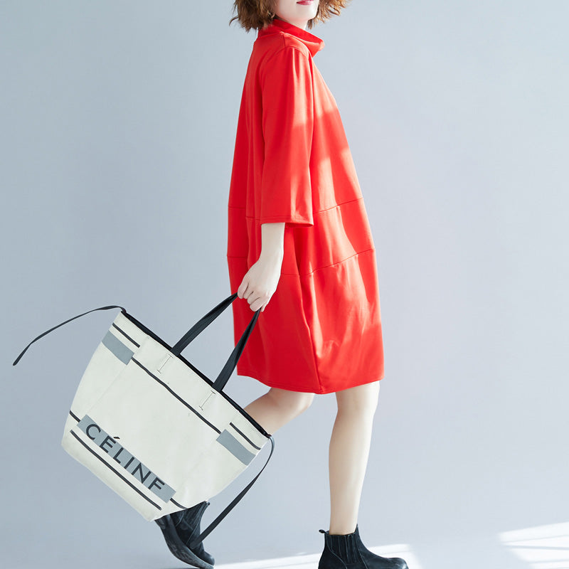 Classy Red Cotton Clothes Indian Linen High Neck a Line Spring Dress