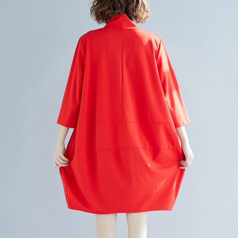 Classy Red Cotton Clothes Indian Linen High Neck a Line Spring Dress
